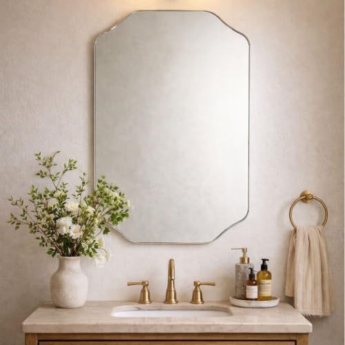 Image of TEHOME Chrome Scalloped Bathroom Mirror, 24x32'' Polished Silver Asymmetrical Bathroom Vanity Mirror for Wall