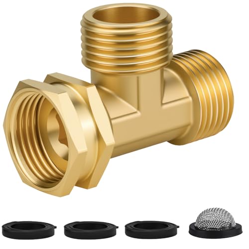 Jingzan Brass Garden Hose Tee Fitting 3/4 GHT Female Swivel x Male x Male T Connector Solid Brass Hose Branch Adapter for Outdoor Faucet Garden Hose and Watering Attachments