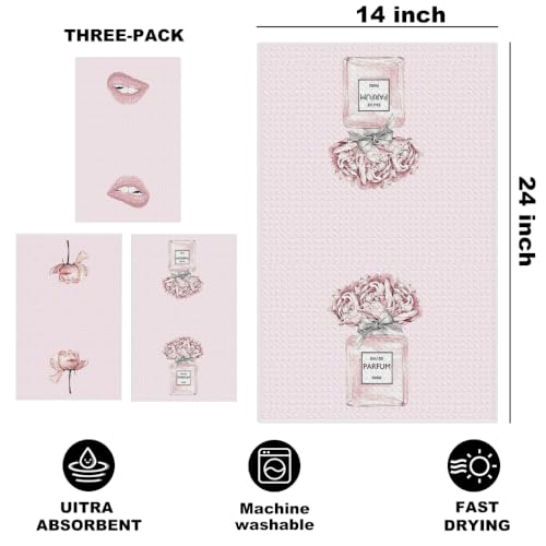 Image of 3 Pcs Pink Hand Towels, Perfume Flower Decor Reusable Dish Towels