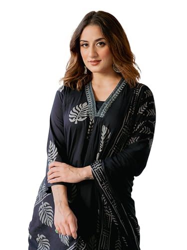 Image of Arayna Women's Pure Cotton Printed Kurta Pant Dupatta Set | Elegant Ethnic Suit Set with Minimal Leaf Motifs | Straight Fit 3-Piece Set for Women