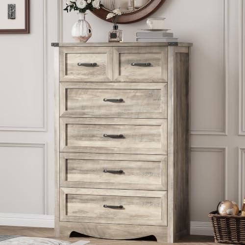 Image of Dresser for Bedroom with 6 Drawers, 49 inch Tall Wood Chest of Drawers with Deep Drawers & Mental Handle, Modern Dresser TV Stand, Wooden Closet Storage Organizer for Living Room, Hallway, Entryway, Grey
