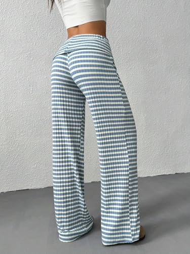 ZAFUL Striped Pants for Women High Waisted Wide Leg Trendy Beach Pull On Elastic Waist Casual Flowy Pants4