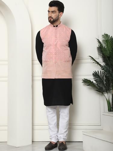 Image of SOJANYA (Since 1958 Men's Cotton Linen Maroon Kurta and White Pyjama with Mustard Cotton Nehru Jacket