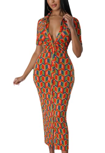 Image of ZERMOM Women's Button Down Shirt Dress Short Sleeve Print Collar V Neck Summer Bodycon Midi Dresses
