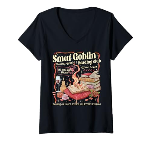 Women's Vintage Smut Goblin Dark Romance Bookish Book Lover V-Neck T-Shirt