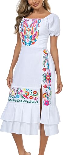 Image of YZXDORWJ Mexican Dress for Women Boho Embroidered Sexy Ruffle Maxi Dress Short Sleeve Summer Beach Wedding Party Dress