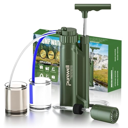 Purewell Portable Water Filter Pump, RO Membrane Survival Pump, 0.0001 Micron Water Filtration System, 3 Filter Stages, Water Purifier for Hiking, Camping, Emergency, and Outdoor Activities