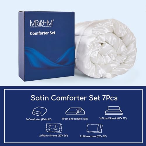MR&HM Satin Comforter California King 7 Pieces Ivory - Luxurious Pinch Pleat Bedding Set with Comforter, Flat Sheet, Fitted Sheet, Pillowcases & Shams, Super Silky Soft Bed Set for All Season