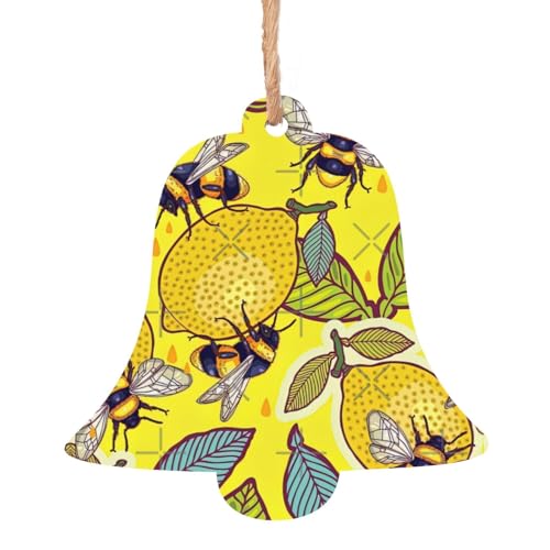 Adornos de madera para árbol de Navidad con estampado de limón amarillo y abeja, etiquetas rústicas para colgar con cuerdas de yute