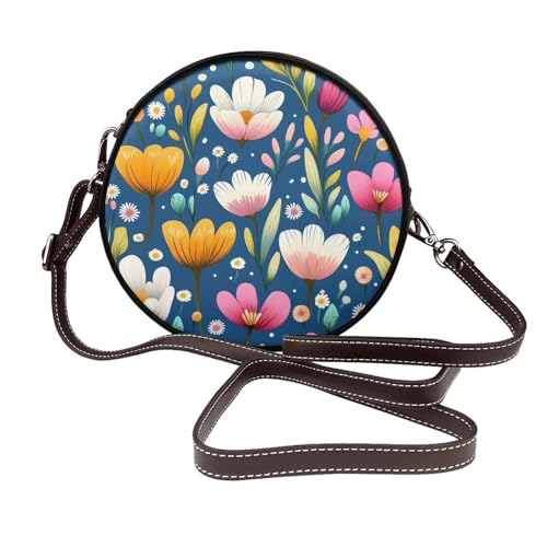 Sac rond avec sangle réglable en cuir végétalien souple à motif tulipe et marguerite