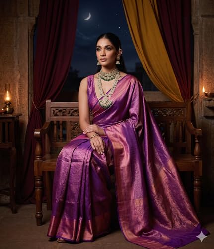 Image of Flosive Elegant Purple Banarasi Saree with Gold Zari Border & Designer Pallu