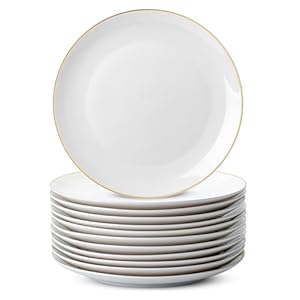 Brew To A Tea – White Porcelain Dinner Plates, Set of 12, 10.5″ Gold Rimmed, Classic Style, Formal Dining