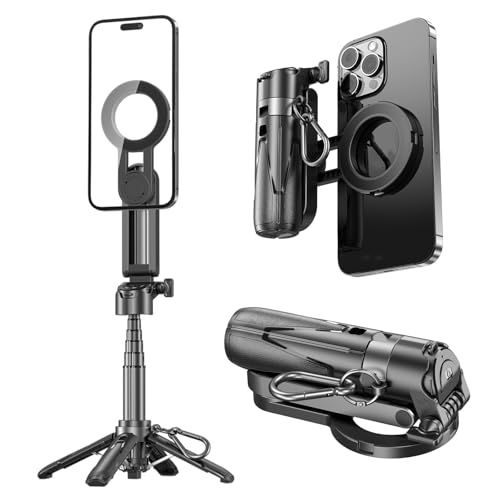 GEYUTHS 4 in 1 Magnetic Tripod Pocket Selfie Stick Extendable Cell Phone Stand Portable Camera Grip Handle with Wireless Detachable Remote Control for Photograph/Live Streaming/Video/Travel (Black)