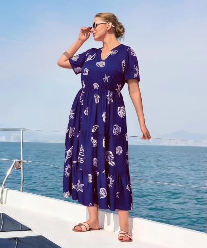 Image of TIYOMI Women Plus Size Dress Boho V Neck Short Sleeve Beach Maxi Dresses Floral /Stripe /Leaves /Lemon XL-5XL
