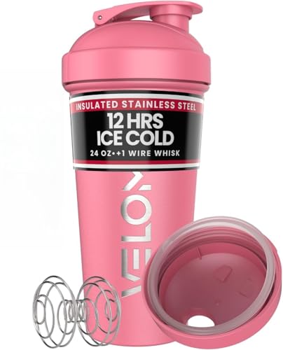 Image of VELOMIX 24 oz Stainless Steel Shaker Bottle with Wire Whisk - Leakproof, No Clumps, Odor Resistant Metal Shaker Bottle, Shaker Cups for Protein Shakes, Pre Workout and Smoothie (Pink)