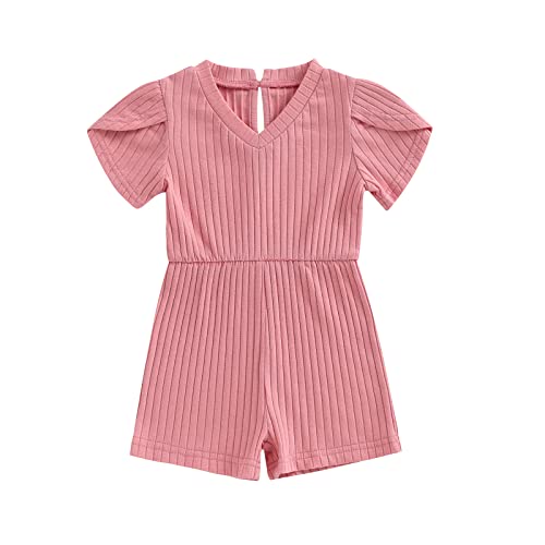 Image of OikMombiu Toddler Baby Girl Sleeveless Jumpsuit Solid Ribbed Knitted Romper Shorts Overalls One-Piece Outfit Summer Clothes (C3 V Neck Watermelon Red,6-12 Months)