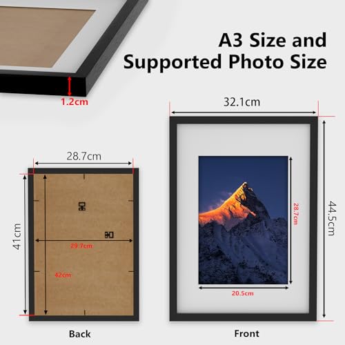 A3 Picture Frame, Wooden A3 Frame, Photo Frame Black with Plexiglass and Mount, Poster Frame with Mount, Puzzle Frames for Tabletop or Wall Hanging, Black - Image 2