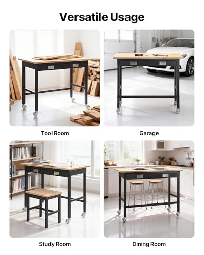Image of VEVOR 48-inch Workbench, 1500 lbs Load Capacity, Garage Workbench with Drawer Storage & Wheels, Workshop Bench on Wheels, Heavy Duty Oak Wood Top Work Table for Garage, Workshop, Office, and Home