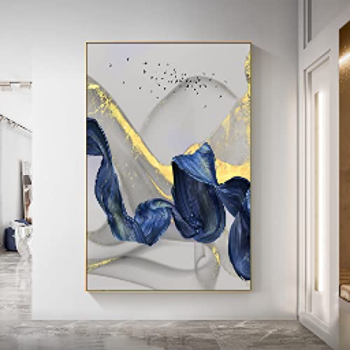 Affiche Toile Bleu Foncé et Feuille d'Or 60x80cm Moderne