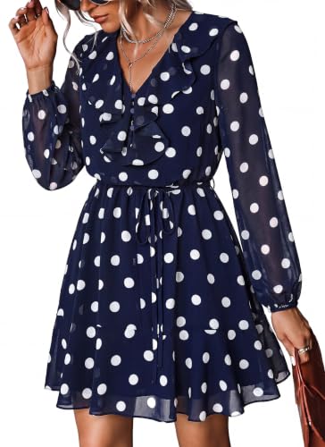 dowerme - dowerme Women Belted Floral Polka Dot Mini Dress,Navy White Dot,M (20% Off Amazon Deal)