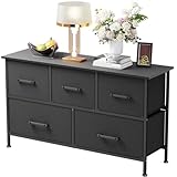 FDW 5 Fabric Drawers Dresser for Bedroom,Chest Organizer Units with Steel Frame and Wooden Top for Bedroom,Closet,Living Room, Entryway,Black