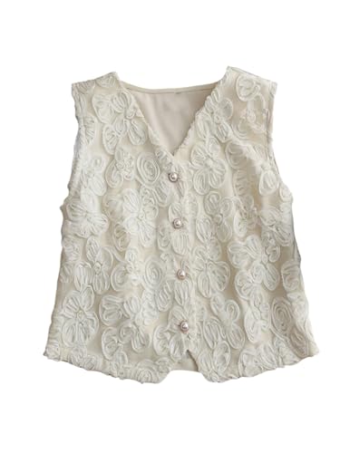 Verdusa Women's Elegant 3D Floral Button Up Vest Work Office V Neck Waistcoat Outerwear