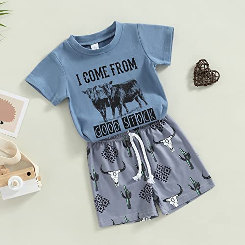 Muasaaluxi Western Baby Boy Summer Clothes Cow Print Short Sleeve T-Shirt Casual Shorts Toddler Boy Outfits 0-3T (Blue, 12-18 Months) #TOP5