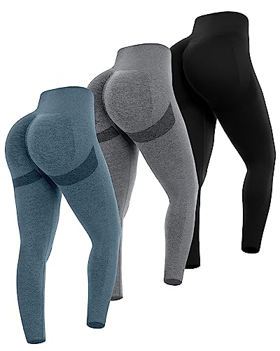 Chrleisure 3 Piece Butt Lifting Leggings For Women, Gym Workout Scrunch Butt Seamless Yoga Leggings (Black, Dgray, Blue, L)-1 #TOP4