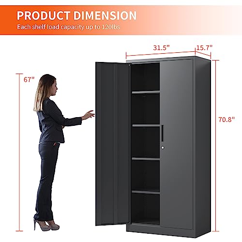 BIZOEIRON 71" Metal Storage Cabinet with Doors and Shelves, Locking Garage Cabinet,Heavy Duty Steel Tool Cabinets Utility Locker File Organizer for Home Kitchen Office Basement (Black)
