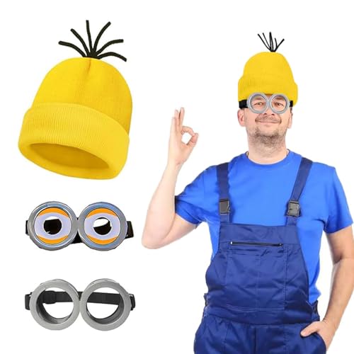 MisFun 3 peças acessórios de disfarces de Halloween, 2 óculos Steampunk-1 gorro amarelo, acessório de disfarce engraçado, acessórios de cosplay de minion para Halloween, adultos crianças