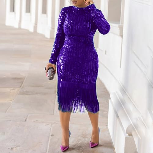 Image of Cololura Sexy Elegant Women Sequin Long Sleeve Tassel Bodycon Midi Dress Party Evening Gown Formal Dress