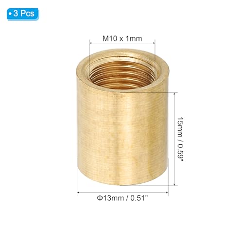 Image of PATIKIL Lamp Pipe Brass Coupling Nut, 3 Pcs 15mm Long M10 Fine Round Thread Sleeve Lamp Pipe Adaptor Rod Connector Hardware for Light Fixture Assembly or Repair, 13mm OD.