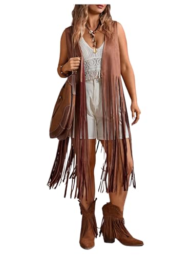 Women's Plus Size Western Fringe Vest Hippie Boho Tassel Suede Cowgirl Sleeveless Jackets 70s Outfits