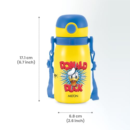 Image of MILTON Disney Torque 450 ISI Certified Stainless Steel Water Bottle, Leak Proof, Rust Proof, Single walled,1 Yr Warranty, Ideal Sipper Water Bottle for School Kids Bottle, 455 ml, Yellow