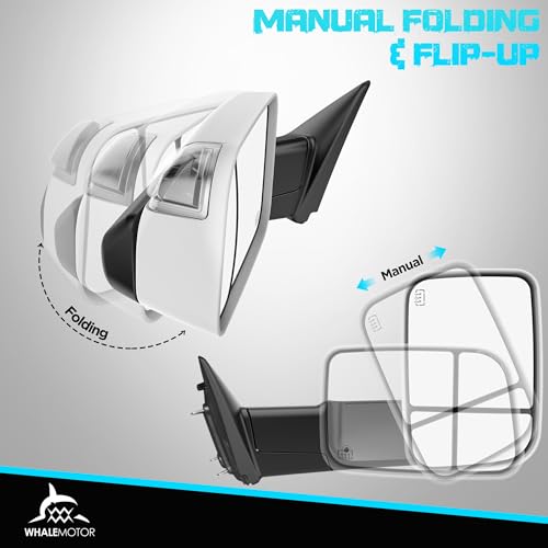 Image of Switchback Signal Tow Mirrors Compatible with Dodge Ram 1500(2009-2018) 2500 3500(2010-2018), Power Heated Flip Up Extended Trailer Towing Side Mirrors w /Puddle Light, Smoked Lens White Housing