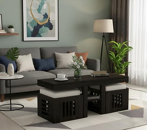 Image of Solid Sheesham Wood Coffee Table for Living Room Wooden Rectangle Coffee /Tea Table with 2 Cushioned Stools Center table with Storage Teapoye for Home, Living Room, Balcony, Natural Walnut