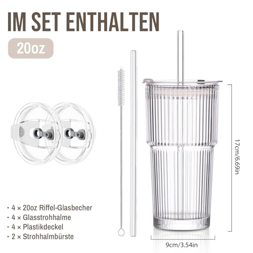 SoulTimes 600 ml 2er Glasbecher mit Deckel und Strohhalm, Gerippte Trinkbecher für kaffee, Matcha, Smoothies, Saft & Kaltgetränke… – Ansicht 3