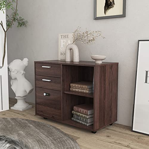 Dbxii Wood File Cabinet, 3 Drawer Mobile Lateral Filing Cabinet On Wheels, Printer Stand With Open Storage Shelves For Home Office (Brown Oak) (Rx679) #TOP3