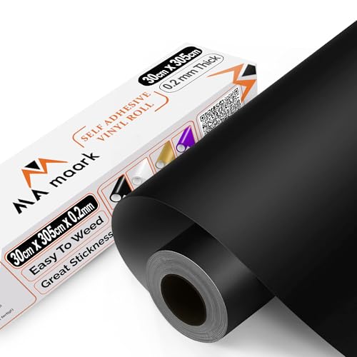 Selbstklebende Vinylfolie Plotter Schwarz Matt 30cm x 305cm Permanente Plotter-Vinylfolie mit PET-Träger leicht zu schneiden und zu entgittern für permanente Aufkleber Schilder und Bastelprojekte