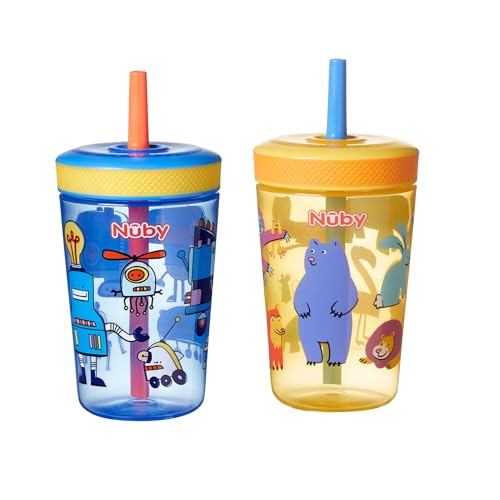 Nuby Sip It Swirler Cup - Toddler Beaker with 360 Straw | Spill-Proof | 420ml / 14oz | Suitable from 18 Months | Pack of 2 (Blue & Yellow)