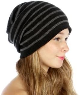Soft Slouchy Long Beanie Hat (Black with Stripes)