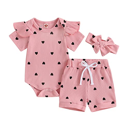 Image of Newborn Infant Baby Girl Summer Clothes Rib Frill Short Sleeve Romper Elastic Waist Shorts Headband 3Pcs Outfits Set
