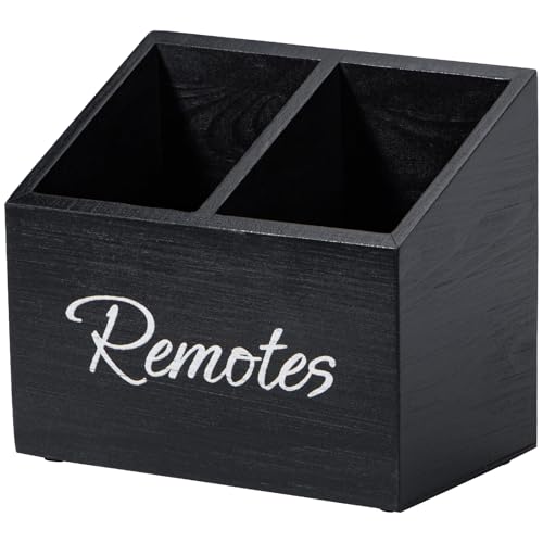 Yeeco Wooden TV Remote Holder, Remote Control Holder for Table, Wood Media Remote Controller Caddy Organizer Storage Case for Living Room Nightstand Desktop 2 Compartments Black 6.5”x3.7”x5.5”