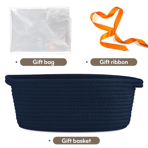 Image of Pro Goleem Small Woven Basket with Gift Bags and Ribbons Durable Baskets for Gifts Empty Small Rope Basket for Storage 12 inchX 8 inch X 5 inch Baby Toy Baskets with Handles, Navy Blue