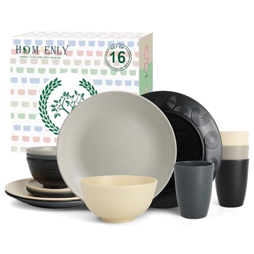Image of Homienly Wheat Straw Dinnerware Set - Dinner Plates, Cereal Bowls, Drinking Cups Set, Unbreakable 16 PCS Dish Set, Microwave and Dishwasher Safe Dishes for Home, Outdoor - Grey Stone