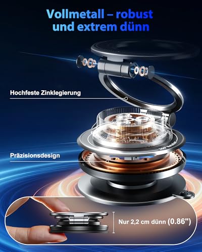 Glangeh Ganzmetall Ultradünne handyhalterung Auto Magnet, [95 LBS starker Vakuum- und Gel-Saugnapf] autohalterung magsafe mit Metallring, 360° verstellbar kfz Armaturenbretterzubehör für Alle Handys