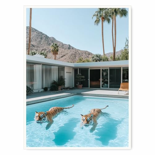 Palm Springs Tigers Pool Wall Art Retro Tropical Print Mid