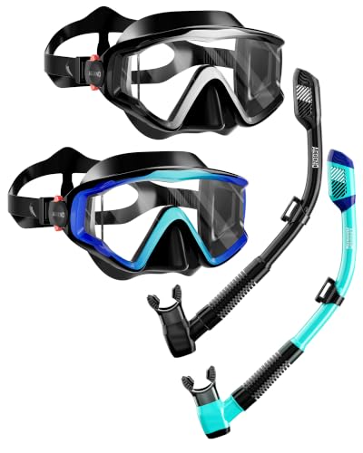 Aegend Snorkeling Gear for Adults Youth Kids, Snorkel Mask with Top Dry Valve for Snorkeling, Scuba Diving, Freediving & Swimming,Black Gradient & Blue Gradient - 2 Pack