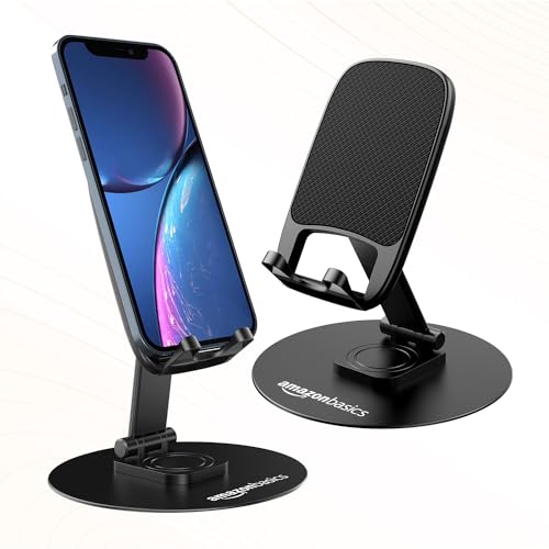 Image of amazon basics Rotatable and Foldable Tabletop Mobile Stand with Stable Metalic Round Base, Multiple adjustments of Height and Angle Phone Stand, for Smartphones