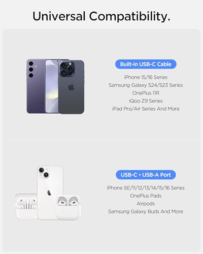 Image of Spigen ArcPack 10000mAh Power Bank with Built-in USB-C Cable,30.0W Fast Charging, 1 Type-C Cable, 1 Type-C Port, 1 USB-A Port - (ABS + PC | Cream Blue)